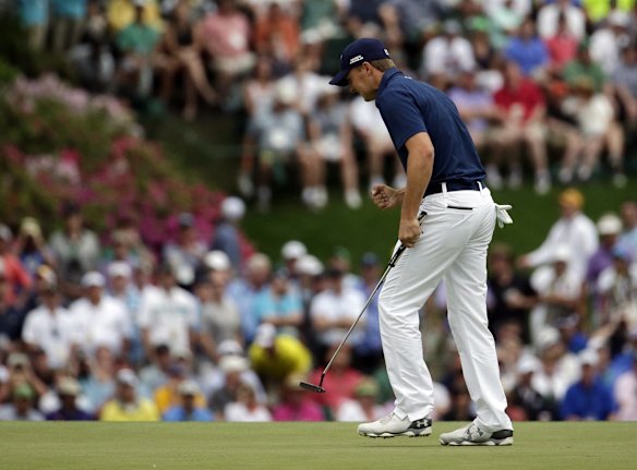 Jordan Spieth celebrates after a birdie on the 15th.