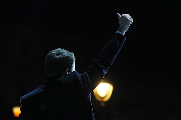 Incoming French President Emmanuel Macron greets supporters in front of the Pyramid at the Louvre Museum in Paris.