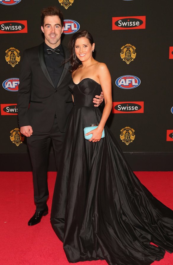 Steele Sidebottom of the Magpies and his partner Alisha Edwards arrives at the 2015 Brownlow Medal at Crown Palladium.