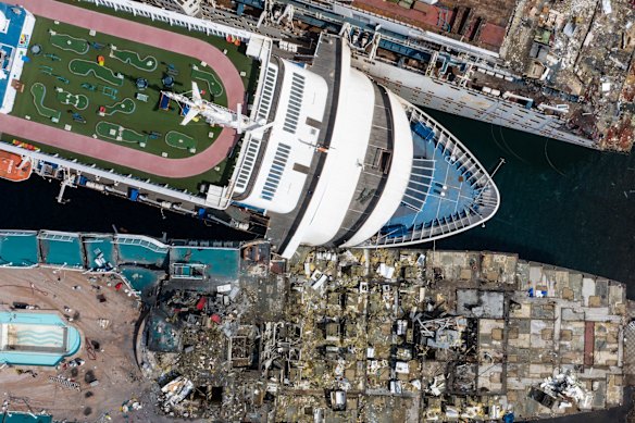 Five cruise ships are seen being broken down for scrap metal at the Aliaga ship recycling port in Izmir, Turkey. With the global coronavirus pandemic pushing the multi-billion dollar cruise industry into crisis, some cruise operators have been forced to cut losses and retire ships earlier than planned. The crisis however has bolstered the years intake of ships at the Aliaga ship recycling port with business up thirty percent on the previous year.  