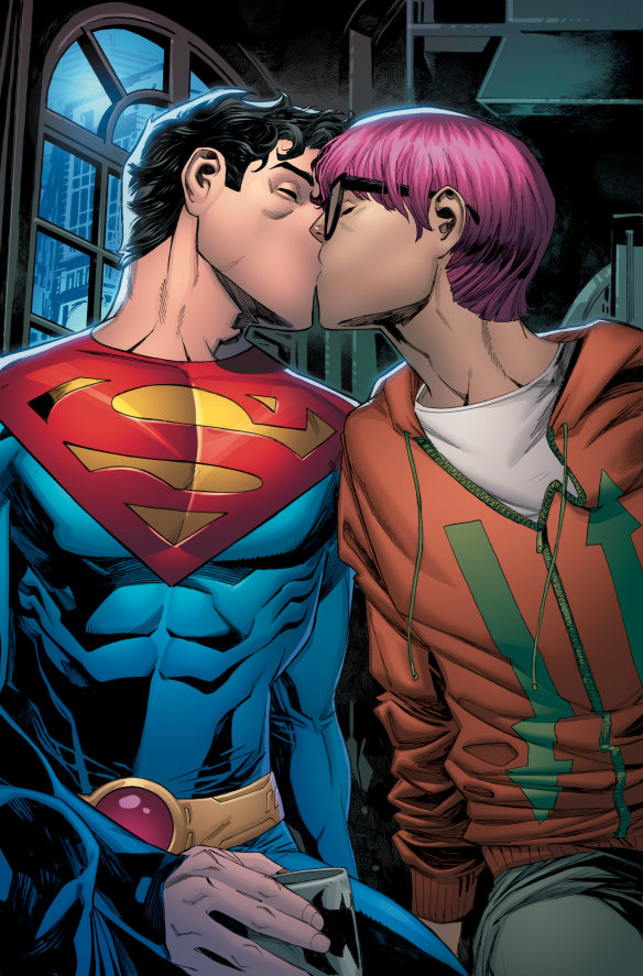 Jonathan Kent, the new Superman, who is the son of Clark Kent and Lois Lane, shares a kiss with his friend Jay.