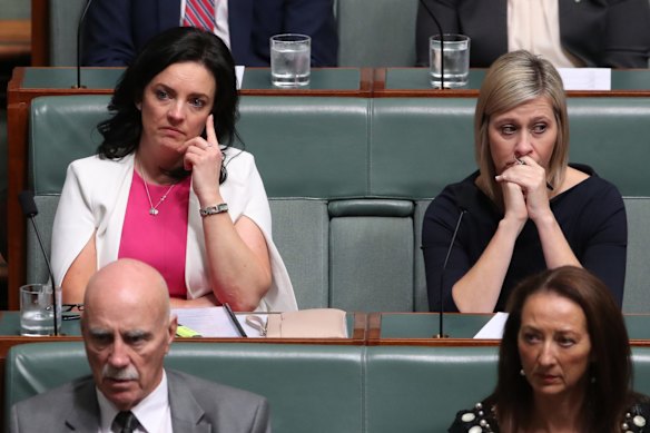 Emma Husar L and Susan Lamb R as Opposition Leader Bill Shorten delivered a statement to the House about the death of Binni Kirkbright-Burney the son of MP Linda Burney during question time at Parliament House in Canberra on Wednesday 25 October 2017. 