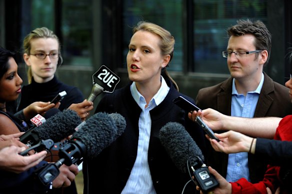Kelly O'Dwyer  on a press door stop after voting at the Toorak South Yarra Library polling booth during the Higgins by election in 2009.