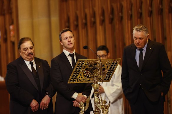 Peter Peters, son Brett Fulton and Ray Hadley during the State Funeral.