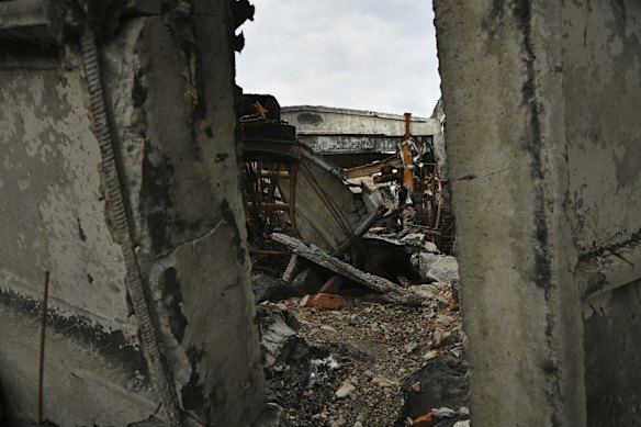 The remains of a factory destroyed by shelling in Bucha, Ukraine. 