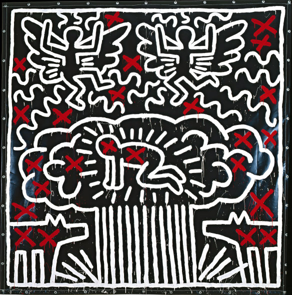 Keith Haring, Untitled 1982; acrylic on vinyl tarpaulin with metal grommets.