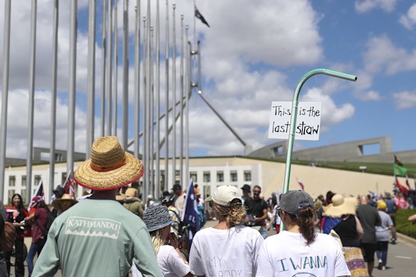 'Convoy to Canberra' protesters on the lawns between Parliament House, and Old Parliament House, in Canberra.
