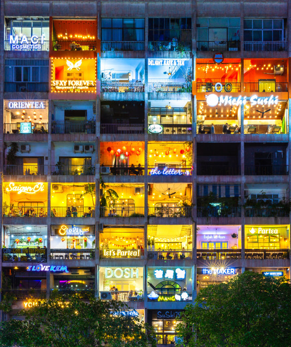 Chocolate-box facade: the cubes come to life after dark.