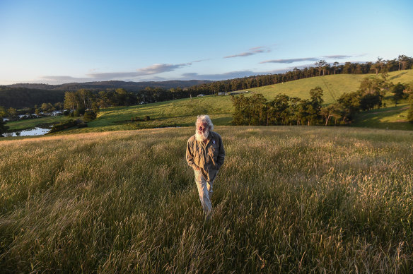 Yuin man Bruce Pascoe on his property called Yumburra near Mallacoota where he grows Australian grasses, including mandadyan nalluk  (dancing grass).