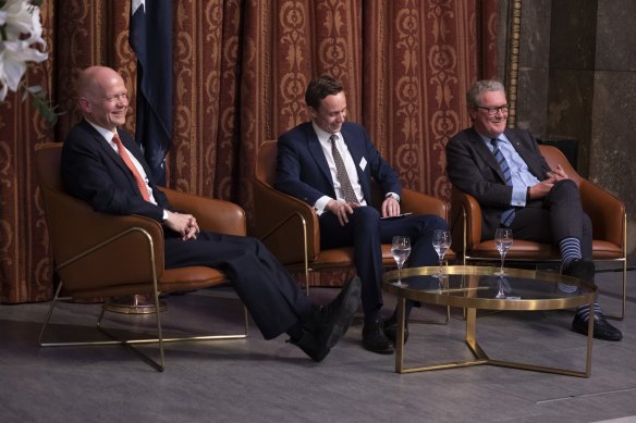 Former Tory Leader and former British Foreign Secretary  William Hague addresses the Britain-Australia Society in conversation with former Foreign Minister and High Commissioner to the UK Alexander Downer at Australia House, London.