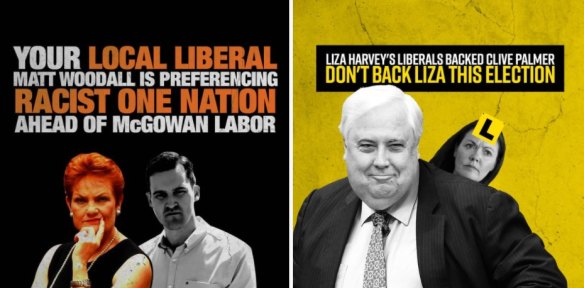 Labor attack ads featuring Liberal candidates Matthew Woodall and Liza Harvey with Pauline Hanson and Clive Palmer.