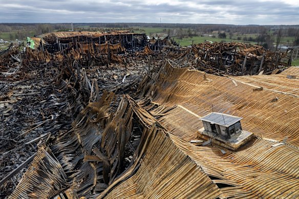 As seen from the air, the massive Komodor logistics park lies in ruins, after being bombed and burnt during the Russian invasion of Makariv. The attack in early March destroyed some $50 million of medicines and medical raw materials for Ukrainian pharmaceutical company Farmac.