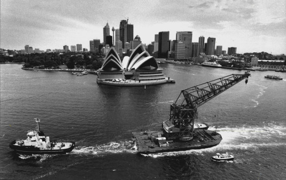 The floating crane Titan being towed out of Sydney Harbour on December 22, 1992.