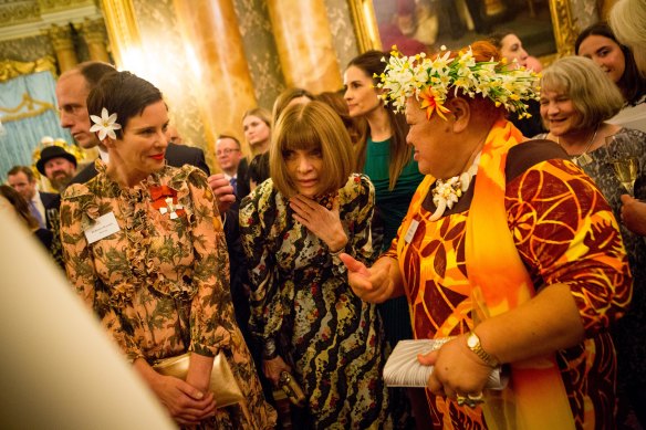 Designer Karen Walker (left) with 'Vogue' editor-in-chief Anna Wintour and Cook Islands artisan Tukua Turia at the EcoAge Commonwealth Fashion Exchange at Buckingham Palace last Monday.