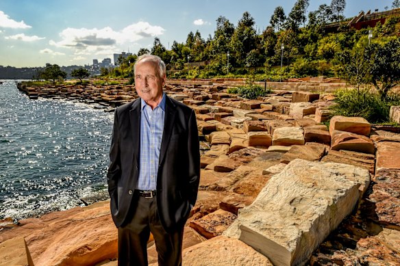 Former Australian Prime Minister Mr Paul Keating on the sandstone wall of the public foreshore in Headland Park, Barangaroo.