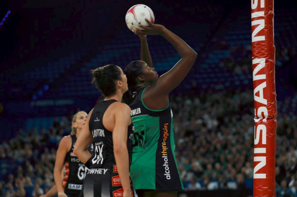 West Coast Fever recruit Jhaniele Fowler dominated the goal circle during the meeting against the Magpies.