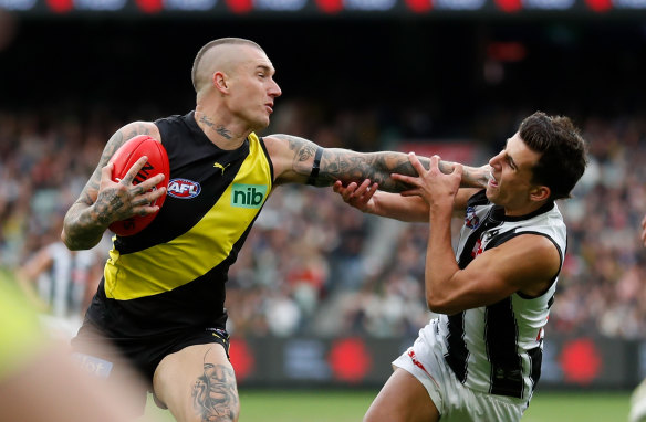 Back in business: Dustin Martin shapes as a critical player for the Tigers in Saturday’s blockbuster against Geelong.