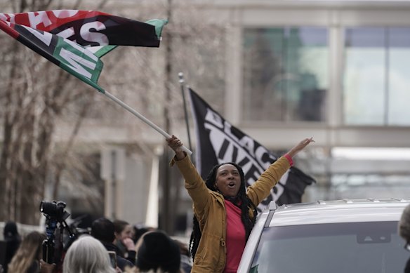 Peoplke cheer after a guilty verdict was announced at the trial of former Minneapolis police Officer Derek Chauvin for the 2020 death of George Floyd.