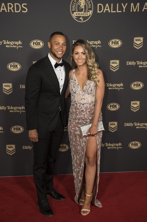 Moses Mbye of Wests Tigers and Madeleine arrive ahead of the 2019 Dally M Awards.