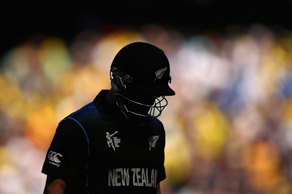 MELBOURNE, AUSTRALIA - MARCH 29:  Brendon McCullum of New Zealand walks off the field after being bowled out by Mitchell Starc of Australia during the 2015 ICC Cricket World Cup final match between Australia and New Zealand at Melbourne Cricket Ground on March 29, 2015 in Melbourne, Australia.  