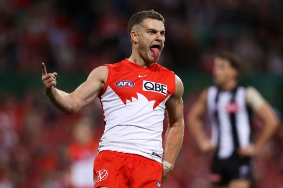 Swan for life: Tom Papley always enjoys celebrating a goal.