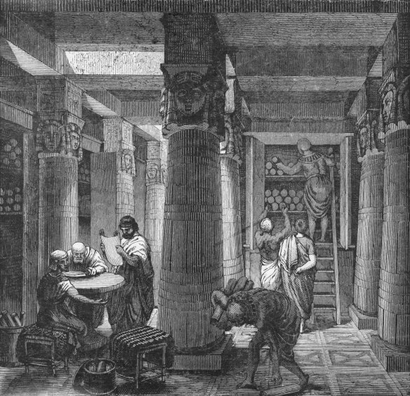 Scholars converse while reading the papyrus scrolls in the Great Library at Alexandria in an undated illustration. 