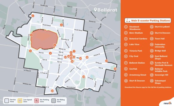 The e-scooter boundary area and main parking stations in Ballarat.