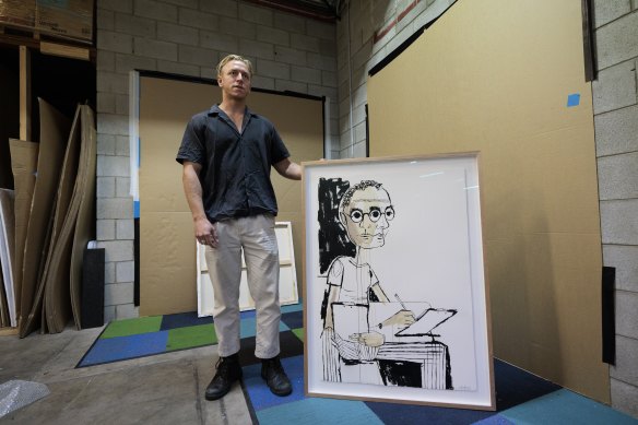 First-time Archibald artist Joel Matheson drops off his Archibald Prize entry after driving from Brisbane.