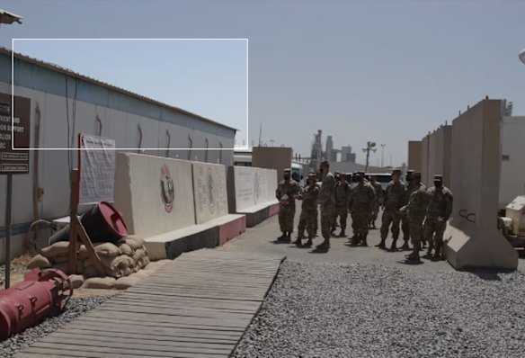 Port Shuaiba, Kuwait, in 2021. The rooftop of the building that was struck in an Iranian drone attack in March appears to be made of thin metal.