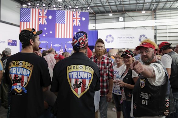Supporters of President of the United States Donald Trump during the official opening of businessman Anthony Pratt's Pratt Industries Wapakoneta recycling and paper plant in Wapakoneta, Ohio.
