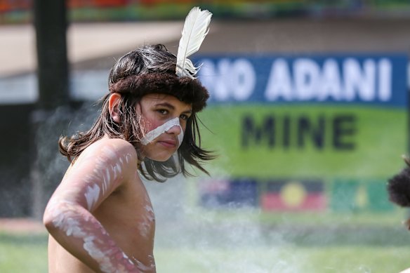 Jirra Clarke, 13, at the Adani Coal Mine protest, Civic Green, Warrnambool, Vic.