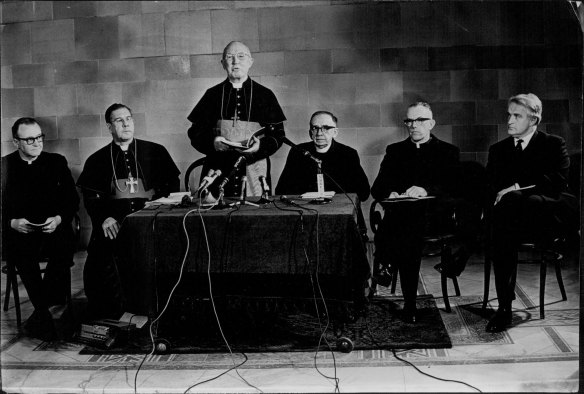 Press conference on "the Pill" at St. Mary's Cathedral. The Sydney panel comprised the Archbishop of Sydney, Cardinal Gilroy; the Auxiliary Bishop to Cardinal Gilroy, Bishop T. Muldoon; the president of St. Patrick's College Seminary, Manly, Dr. J. Madden; the rector of the Marist Seminary, Toongabbie, Dr. W. Radford; the Press spokesman for the Catholic Church in Sydney, Dr W. Murray, and a Catholic medical practitioner. July 29, 1968.