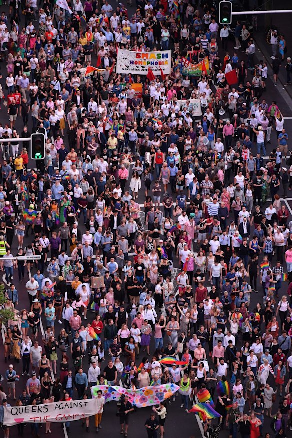 Supporters for the YES vote for marriage equality march down Oxford St from Taylor Square in Darlinghurst.