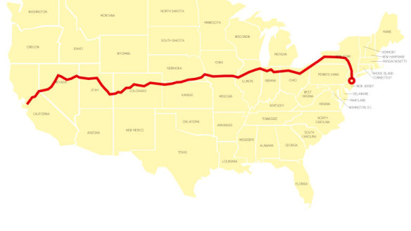 The author's route by rail across the United States. 