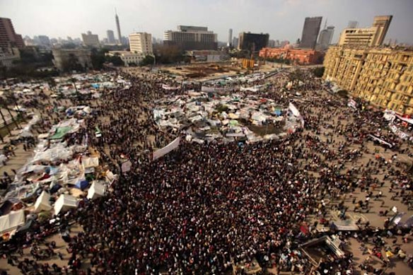Egyptian anti-government protesters gather in Cairo's Tahrir square on February 9, the 16th day of protests against the 30-year-regime of President Hosni Mubarak.