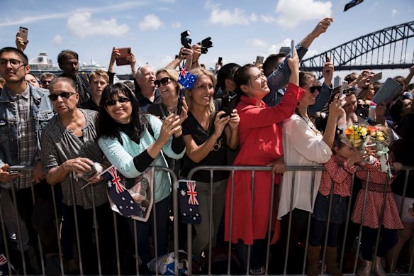 POOL. The Duke and Duchess Harry and Meghan meet the crowd outside the Opera House in Sydney on October 16, 2018. Photo: Pool Photo/ Dominic Lorrimer/ Fairfax Media