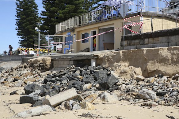 Erosion and damage to the shoreline at Queenscliff SLSC.