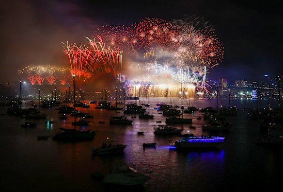 The midnight New Year's Eve fireworks over Sydney Harbour, viewed from Mrs Macquaries Point.