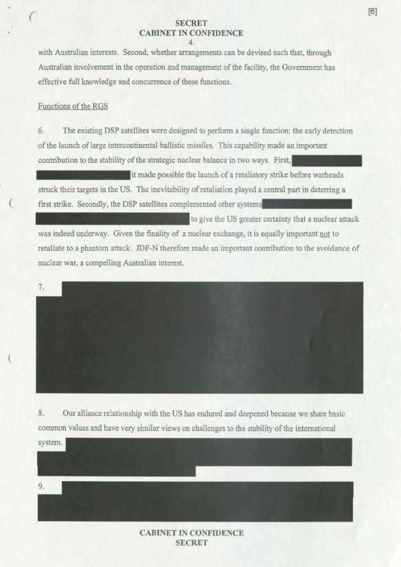 A screenshot of a page of a Cabinet document from 1997 regarding the US Defence facility at Pine Gap. Released as part of the January 1 release of Cabinet documents, it is still heavily redacted.