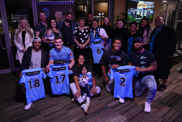 NSW Blues’ Panthers players Api Koroisau, Liam Martin, Jarome Luai, Brian To’o with family at the Origin jersey presentation.