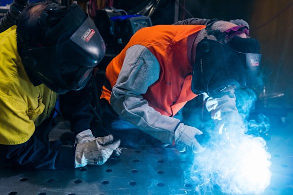 This is how it's done: Morrison makes welding sparks fly.