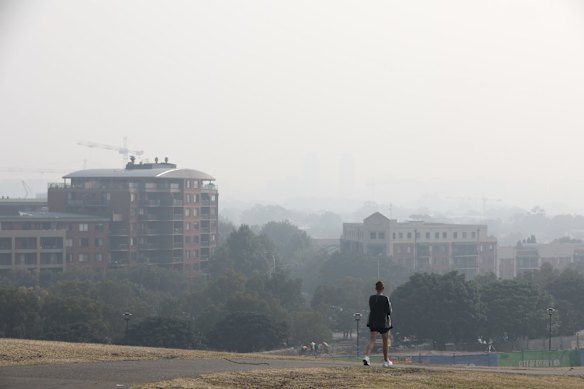 Smoke from bushfires across NSW clouds the city as seen from Sydney Park.