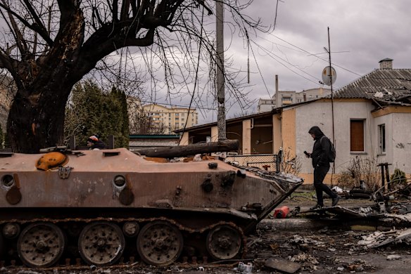 Destroyed Russian armoured vehicles are a common sight in the streets of Bucha.