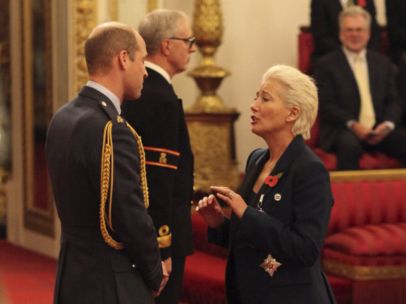 Emma Thompson is made a Dame Commander of the British Empire by Prince William.