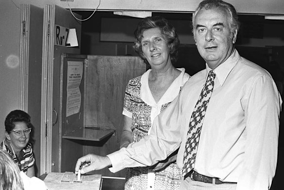 Gough and Margaret Whitlam vote in the 1972 federal election in his electorate of Werriwa.