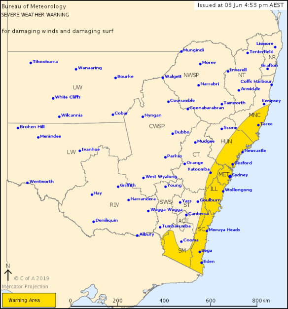 A severe weather warning issued on Tuesday afternoon stretches from Victoria to the Mid North Coast of NSW. 