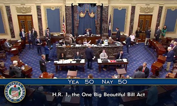 US Vice President J.D. Vance, seated centre, breaks a 50-50 tie to push President Donald Trump’s big tax breaks and spending cuts bill over the top.