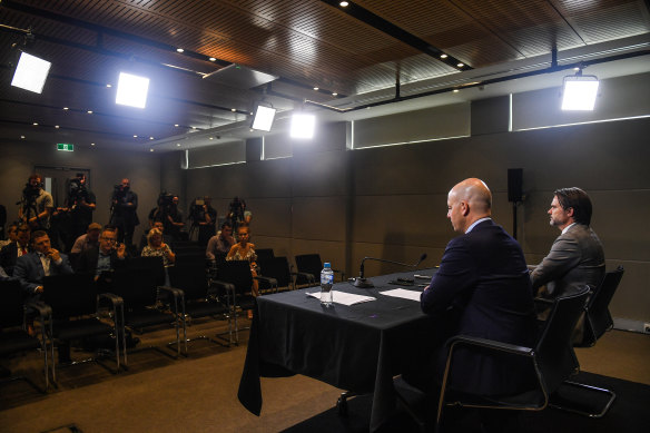 Firestorm: Todd Greenberg (left) and NRL chief operating officer Nick Weeks front the media on Monday.