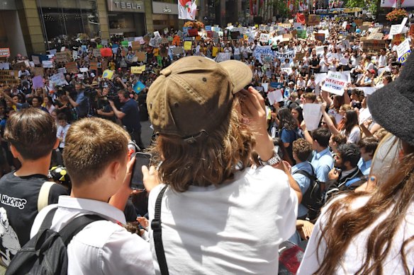 Thousands of students protest climate change at Martin Place, Sydney.