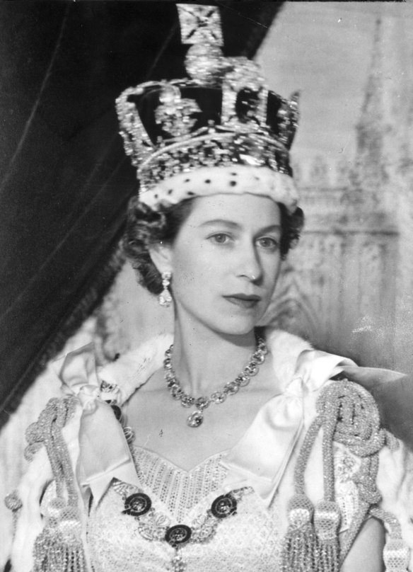 Queen Elizabeth II on her coronation day in 1953, wearing the Imperial State Crown.  